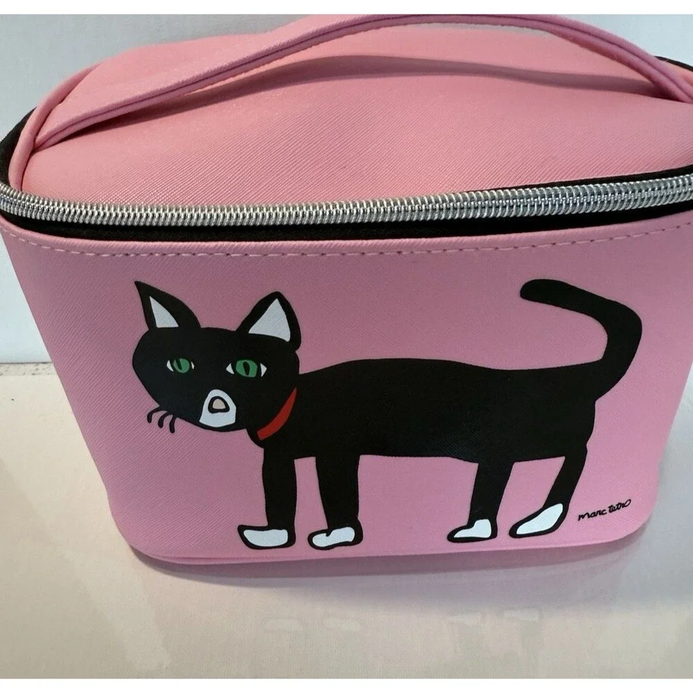 Marc Tetro Black Cat Cosmetic Makeup Bag Pink Retro Travel Zippered Kitten